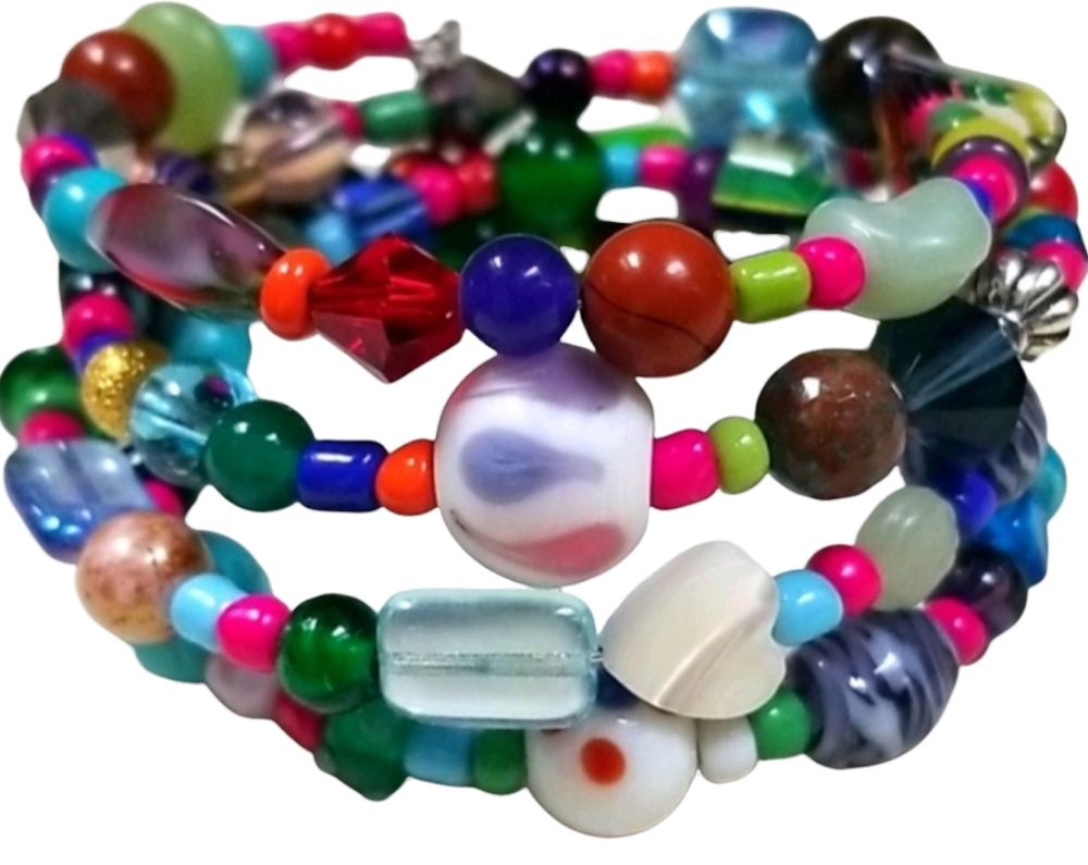 Hand Crafted Vintage Glass and Turquoise and Semi-precious Bead Wrap Bracelet - Picture 9 of 16